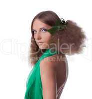 Beauty girl with hair style smile in green cloth