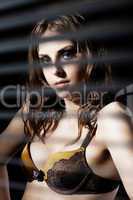 Cute woman in bra hide behind venetian blind