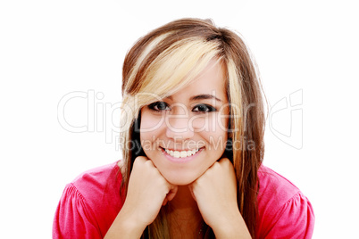 Beautiful young woman smiling. Isolated over white background