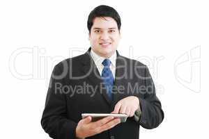 business man with modern tablet pc, touch pad, smart phone