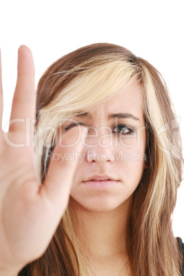 Confident woman stop gesture sing with hand