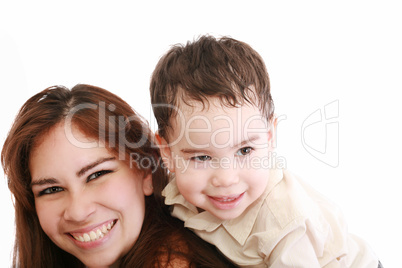 Joyful toddler on back of his mother