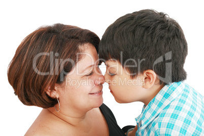 mother and son about to kiss - isolated over white