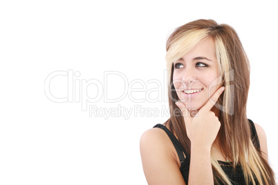 Portrait of a smiling thinking woman looking up - isolated on wh