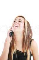 Young beautiful woman bursting out laughing on cellphone.