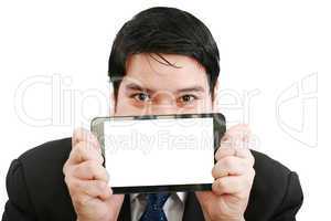 Young businessman holding a touch pad tablet pc on isolated whit