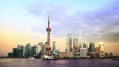 beautiful Shanghai Pudong skyline at sunset. time lapse
