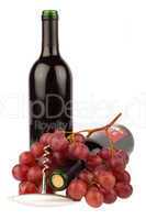 Korkenzieher mit Weintrauben und zwei Weinflaschen