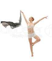 Beauty girl in dance with flying cloth isolated