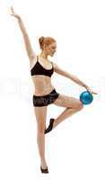 Beauty woman dance with ball in black isolated