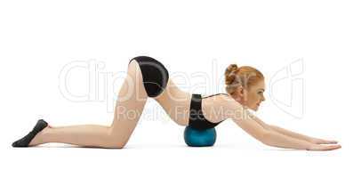cute blond gymnast lay with ball isolated