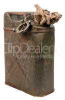 rusty jerrycan and jute cloth