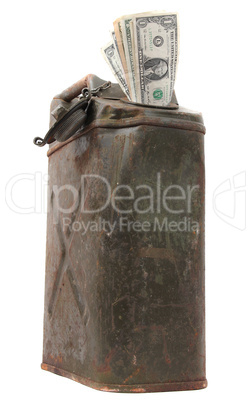 old jerrycan with dollar notes