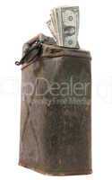 old jerrycan with dollar notes