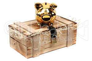 golden piggybank on wooden case locked with padlock