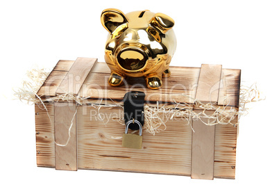 piggybank on wooden boxlocked with padlock