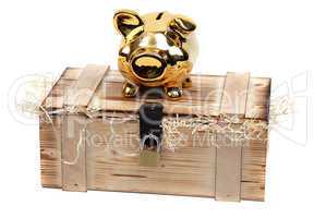 piggybank on wooden boxlocked with padlock