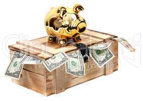 golden piggybank on wooden case with dollar notes