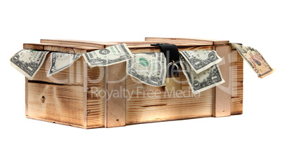 wooden case with dollar notes with padlock