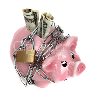 pink piggy bank with chain and padlock