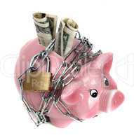 pink piggy bank with chain and padlock