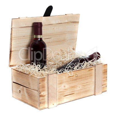 wooden case with two bottles of red wine