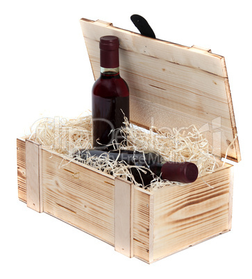 wooden case with two wine bottles
