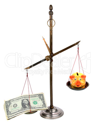 pharmacist scales with money and piggybank