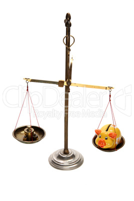 pharmacist scales with piggybank