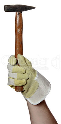 handyman with work glove holding a hammer