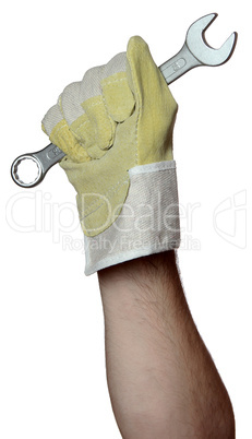 handyman with work glove holding a screw wrench
