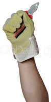 handyman with working glove holding a pincers