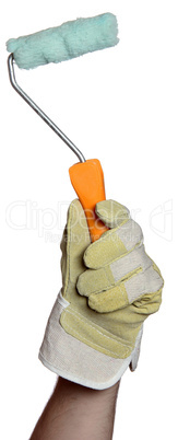 handyman with work glove holding a paint tool