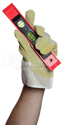 handyman with work glove holding a level