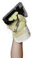 handyman with work glove holding a staple gun