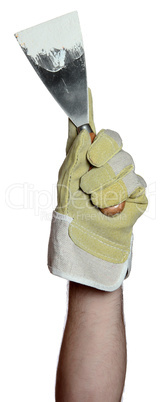 handyman with work glove holding a putty knife