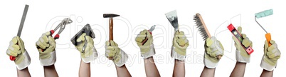 concept of tools in hands with gloves