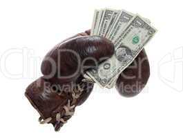 old brown boxing glove with dollars