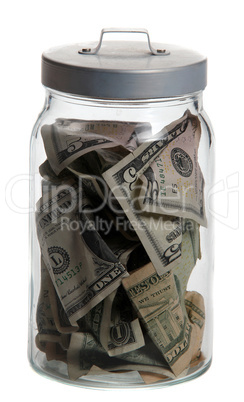 bin of glass with dollar notes