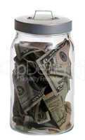 bin of glass with dollar notes