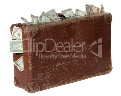 old brown suitcase with banknotes