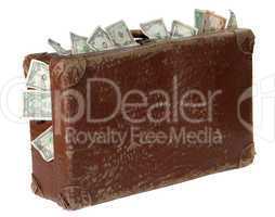 old brown suitcase with banknotes