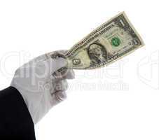 dollar note in hand with white glove
