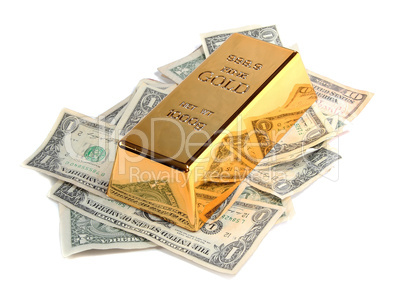gold bar with bank notes