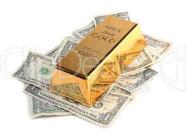 gold bar with bank notes