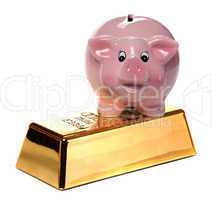 gold bullion with pink piggy bank