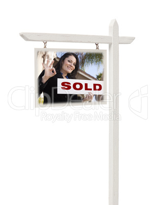 Real Estate Sign with Female Agent and Sold Sign