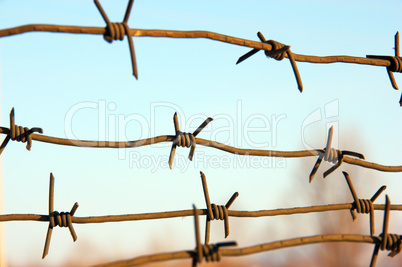 barbed wires against blue sky.