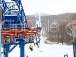 Skiers go on the lift on mountain in Primorski Territory Russia