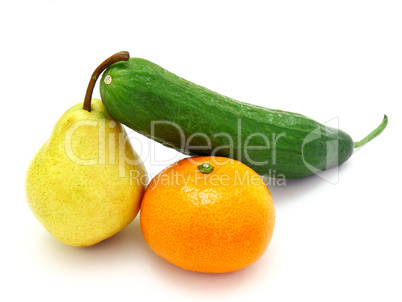 cucumber with a tangerine and a pear